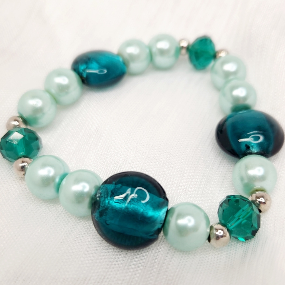 Bead & Pearl Stretch Bracelet, Teal & Light Green, 2.25", Elastic